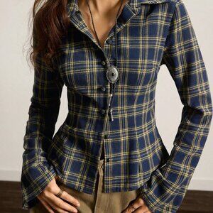 Navy Blue Casual Women's Woven Plaid Long Sleeve Single-Breasted Shirt